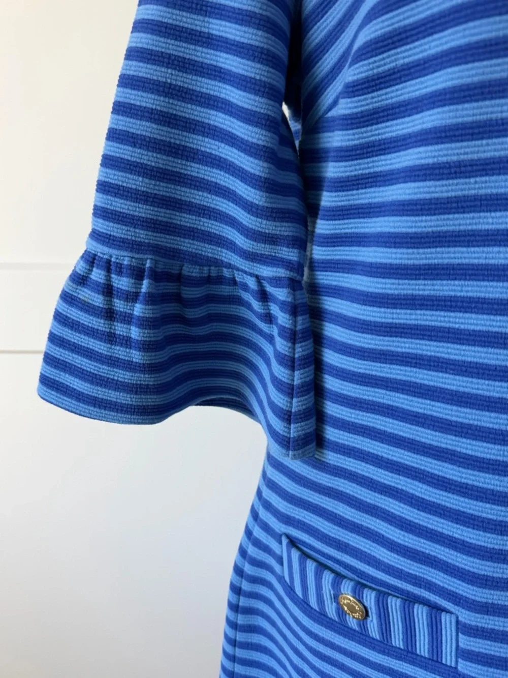 Lilly Pulitzer Alden Blue Grotto Ottoman Striped Bell Sleeve Shift Dress, Medium